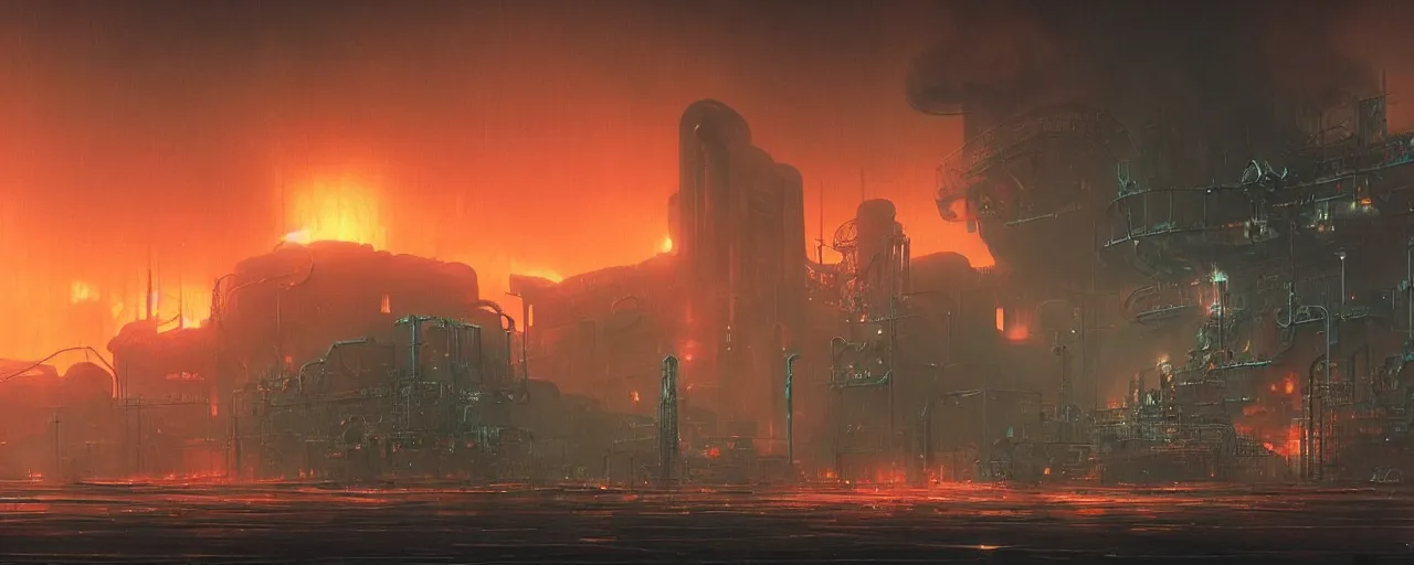 Image similar to ” polluted industrial alien landscape, [ smoke, soot, cinematic, detailed, epic, widescreen, opening, establishing, mattepainting, photorealistic, realistic textures, octane render, art by slop and paul lehr ] ”