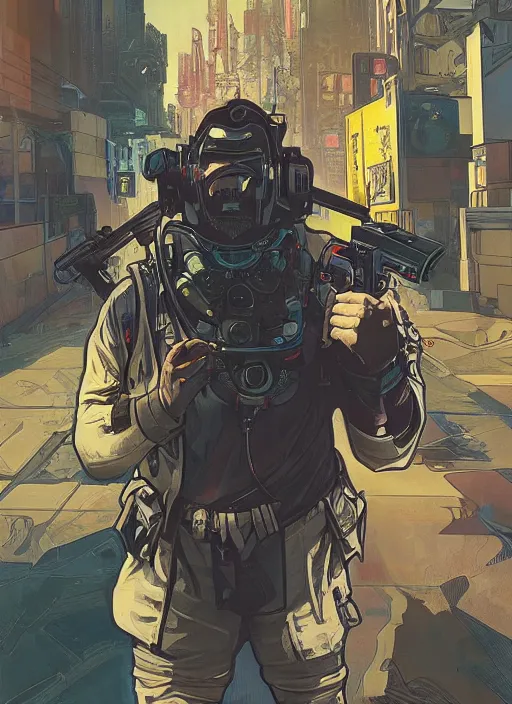 Prompt: cyberpunk paul blart using taser. portrait by ashley wood and alphonse mucha and laurie greasley and josan gonzalez and james gurney. spliner cell, apex legends, rb 6 s, hl 2, d & d, cyberpunk 2 0 7 7. realistic face. vivid color. dystopian setting.