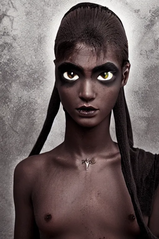 Image similar to elha saresi, eyes of a demon, ancient african androgynous vampire