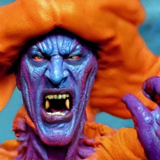 Image similar to ivan ooze, portrait, practical effects, 1 9 9 0 s action movie, purple electricity arcing from fingers, an army of tongue warriors