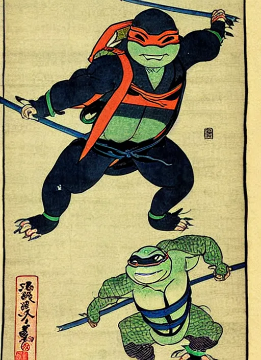 Image similar to a ninja turtle as a yokai illustrated by kawanabe kyosai and toriyama sekien