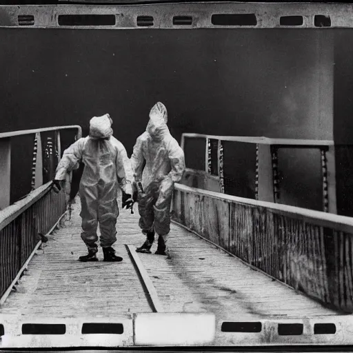 Image similar to old black and white photo, 1 9 1 3, depicting scientists in hazmat suits removing an alien biomechanical insect corpse on a bridge, historical record, volumetric fog