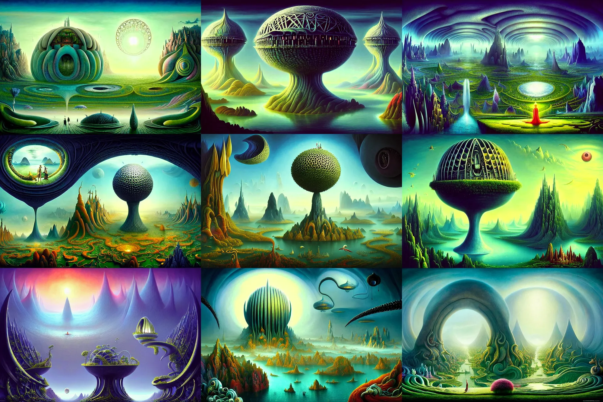 Image similar to a beautiful epic stunning amazing and insanely detailed matte painting of alien dream worlds with surreal architecture designed by Heironymous Bosch, mega structures inspired by Heironymous Bosch's Garden of Earthly Delights, vast surreal landscape and horizon by Cyril Rolando and Andrew Ferez, rich pastel color palette, masterpiece!!, grand!, imaginative!!!, whimsical!!, epic scale, intricate details, sense of awe, elite, fantasy realism, complex composition, 4k post processing