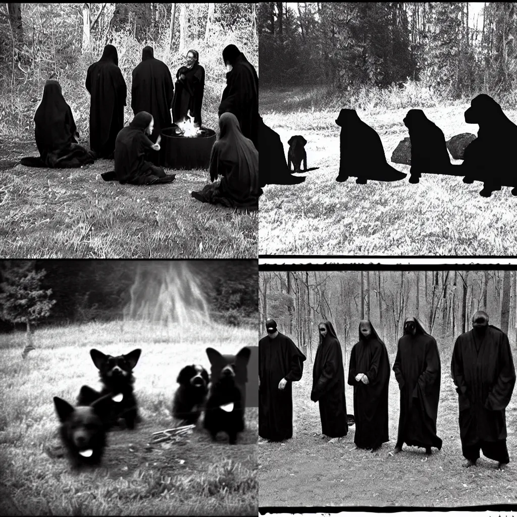 Prompt: creepy trailcam found footage horror screenshot of a group of dogs in black robes standing in a circle around a fire. black and white, grainy, evil, unsettling, creepy