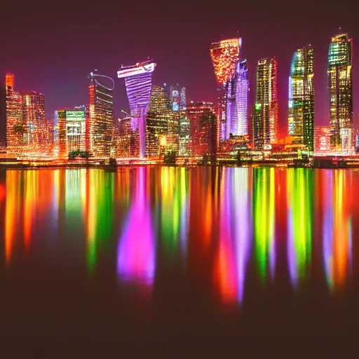 Prompt: Cyberpunk city skyline, night, reflection on water, neon, 4k