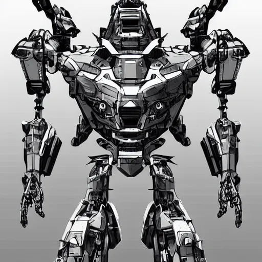 Prompt: very detailed mecha thumbnail art, greyscale in vector art, very symmetrical, by inzvy, science fiction, artstation, pinterest, adobe photoshop