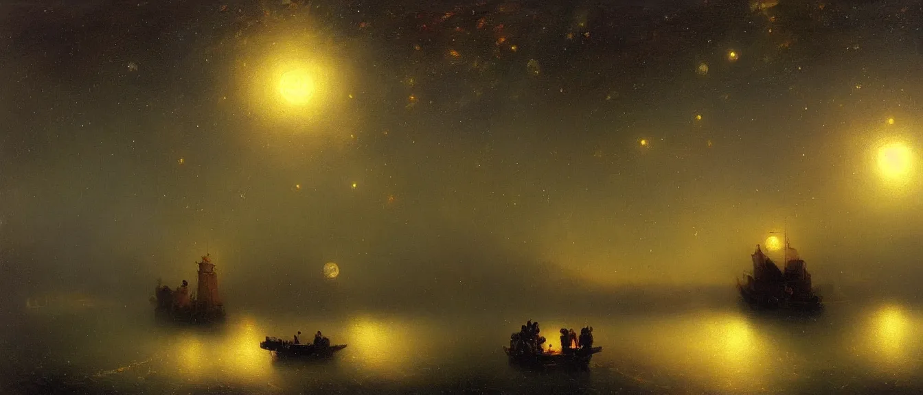 Prompt: A beautiful painting of TARDIS flying in night in. milky way with one moon and star light by Ivan Konstantinovich Aivazovsky