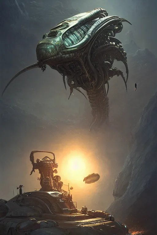 Image similar to alien tank, highly detailed, d & d, fantasy, highly detailed, digital painting, trending on artstation, concept art, sharp focus, illustration, global illumination, ray tracing, realistic shaded, art by artgerm and greg rutkowski and fuji choko and viktoria gavrilenko and hoang lap, sunny