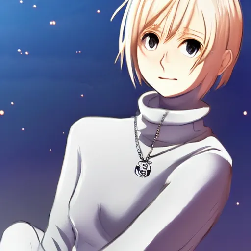 Image similar to beautiful girl with red eyes, short blonde hair, ahoge hair, wearing a white turtleneck sweater, wearing a detailed chain-link necklace, arcueid, in the style of type-moon studios, extremely clean lines, anime and manga style