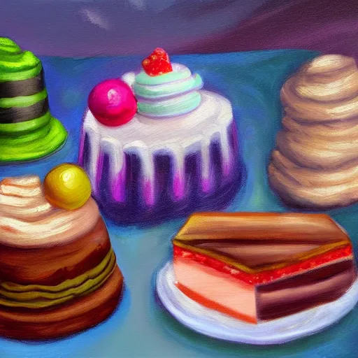 Image similar to concept art oil painting of fancy deserts, cakes, candies, and confections