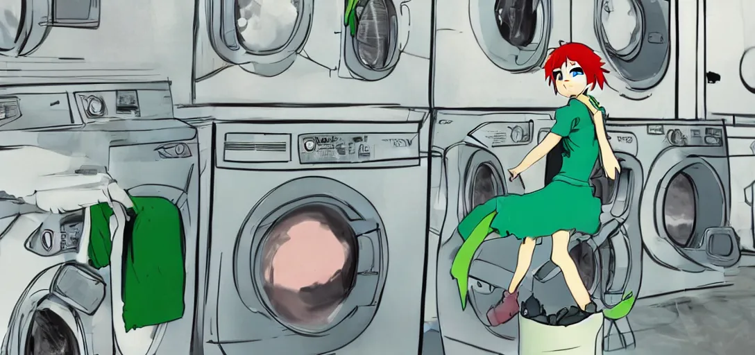 Image similar to a girl with green hair sitting on top of a washing machine inside of a laundromat by Hayao Miyazaki, anime style