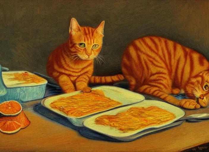 Image similar to detailed realistic realism painting of orange tabby cat eating lasagna at dusk, in the style of vincent van gogh and salvador dali and leonardo da vinci