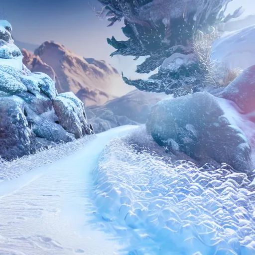 Image similar to a snow dragon on a path in a snowy montain. modern ultra realistic graphics and ray - tracing, atmosphere, octane render, depth of field, unreal engine 5, full of color, ultra high detail, ultra realistic, 8 k