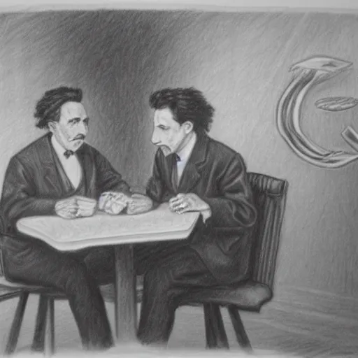 Image similar to Einstein and Tesla sitting at cafe, pencil drawing, ultra detailed