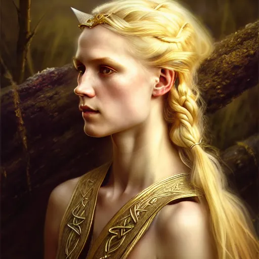 Image similar to portrait of a blond viking girl, surreal, fantasy, intricate, elegant, dramatic lighting, highly detailed, lifelike, photorealistic, digital painting, artstation, concept art, smooth, sharp focus, illustration, art by John Collier and Krenz Cushart and Artem Demura and Alphonse Mucha and Albert Aublet