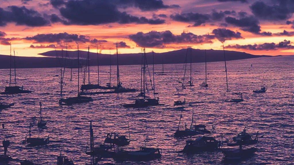 Image similar to Paisible sunset at Lahaina Maui, some boats, a few birds in the sky, sharp focus, illustration, paisible night lighting, incredible Photography wild angle 35mm