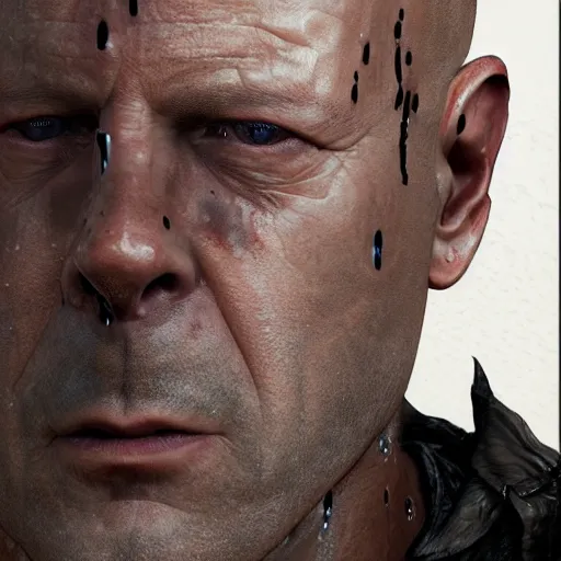 Image similar to Bruce Willis as blacksmith, wet face , heavy rain ,dramatic, intricate, highly detailed, concept art, smooth, sharp focus, illustration, Unreal Engine 5, 8K