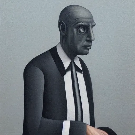 Prompt: a painting of a man wearing striped shirt, a surrealist painting by gertrude abercrombie. surrealism, dark, low contrast, featured on pixiv, precisionism, art on instagram, detailed painting