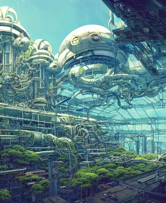 Prompt: a giant industrial plant made out of isopod wasp octopus, in the style of a spaceship, overgrown with orchids, godbeams, partly cloudy, somber, dramatic lighting, by geof darrow, dan mumford, yusuke murata, makoto shinkai, ross tran, cinematic, unreal engine, cel shaded, featured on artstation, pixiv