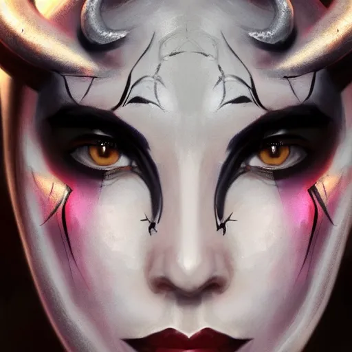 Prompt: portrait of a beautiful female tiefling, misfits facepaint, dark robes, moonlight, D&D, sharp focus, concept art, realistic, cinematic lighting, fantasy digital painting