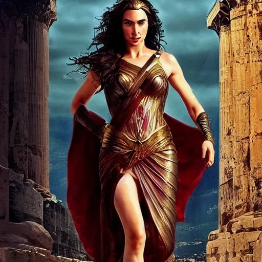 Prompt: Full body oil painting of the beautiful woman Gal Gadot, she is wearing some withe ancient roman cloths and a surreal ornate, her hair is natural disheveled, she is approaching heaven, she is in the Parthenon in Athens while people are claiming for her, she is attracting lightnings, aerial view, naturalism, dramatic lighting, high-detailed oil painting by Ilya Repin, Michelangelo da Caravaggio, William Blake, Alex Grey and Beksinski, trending on Artsatio, hystorical painting, masterpiece, 4k, 8k,