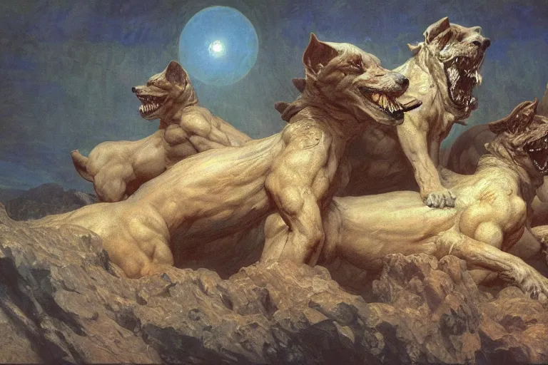 Image similar to hyperdetailed matte art of cerberus by william blake, ilya repin, amano, rene magritte, craig mullins