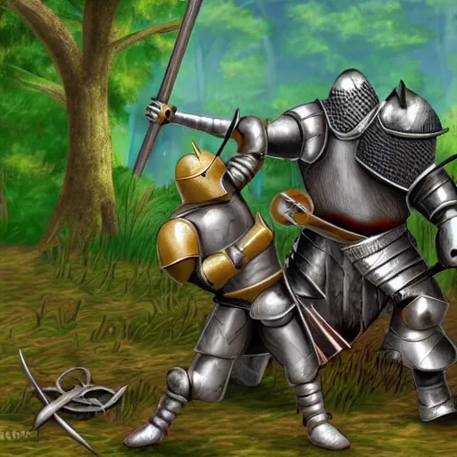 Prompt: A medieval knight fighting an ogre in the forest, realistic illustration