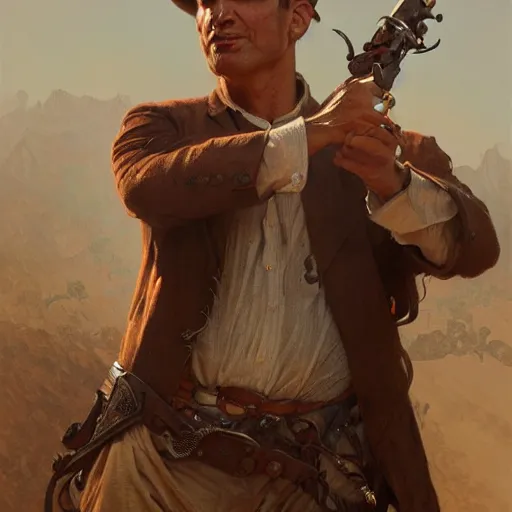 Image similar to clean shaven, tan, middle - aged christian priest with dark hair in wild west, intricate, highly detailed, digital painting, artstation, oppressive lighting, concept art, sharp focus, illustration, art by greg rutkowski and alphonse mucha