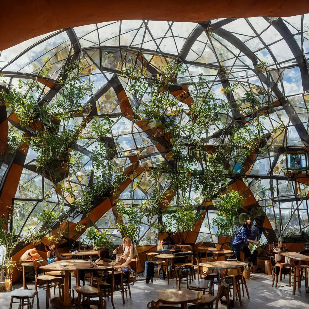 Prompt: inside luxurious earthship cafe with sunken lounge and indoor garden with skylights, friendly barista, and artist painting a geometric mural on the wall, clean and simple composition, golden ratio, rule of thirds, XF IQ4, 150MP, 50mm, F1.4, ISO 200, 1/160s, dawn