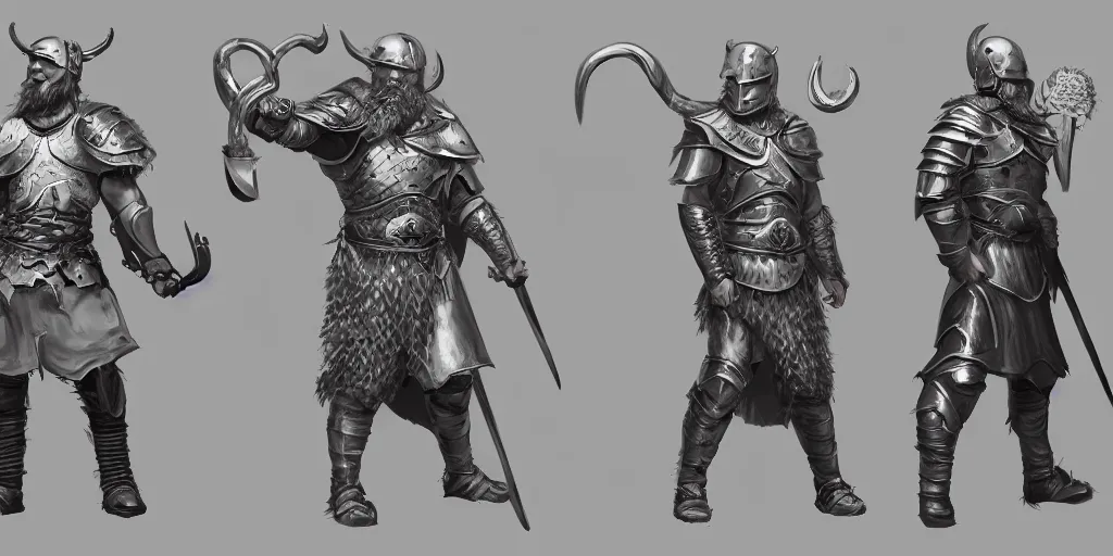 Prompt: three different views of a viking in armour, concept art by senior character artist, trending on artstation, artstation hd, full body