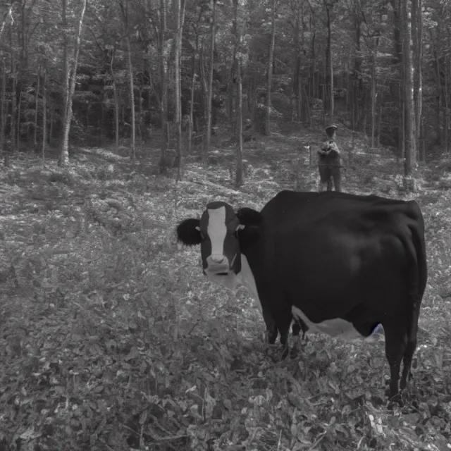 Prompt: trail cam infrared footage grainy VHS of smiling grinning wide-eyed cow-man