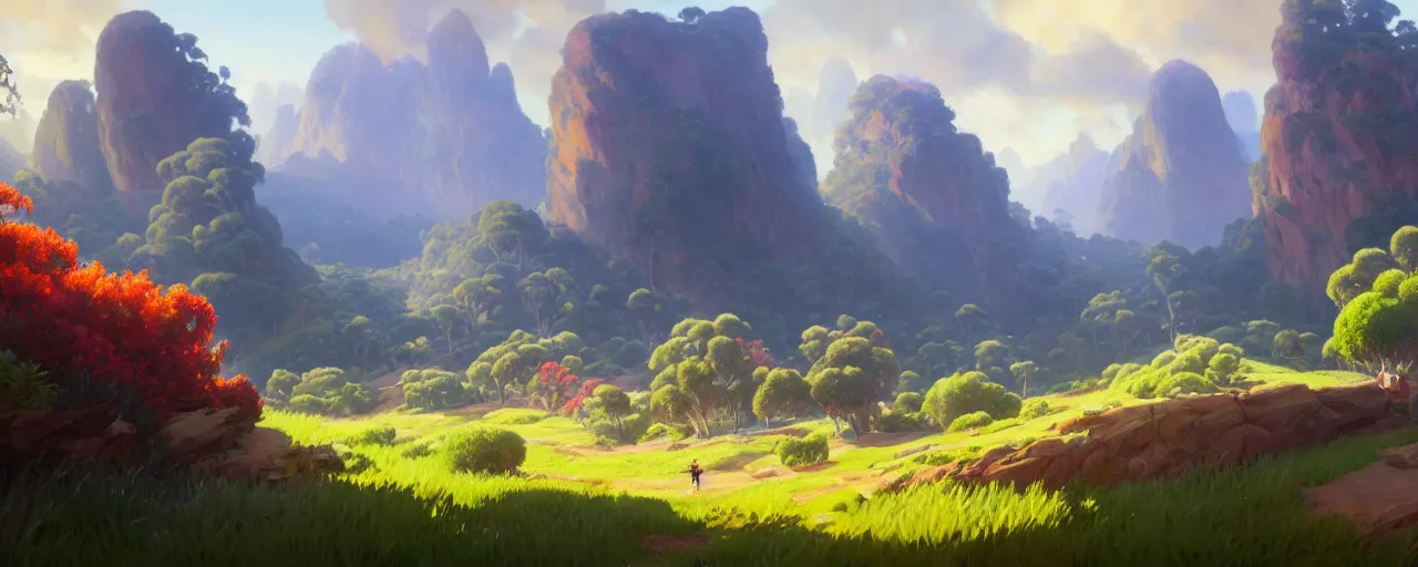 Image similar to australian impressionism landscape, pokemon sword and shield ghibli landscape illustration close floral clearing and mountains in the background, deep focus, d & d, fantasy, intricate, elegant, highly detailed, digital painting, artstation, concept art, matte, sharp focus, illustration, hearthstone, art by fire watch game and greg rutkowski, no characters