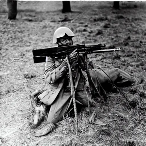 Image similar to old restored photos from the world war, kangaroos and spiders wearing helmets and rifle's, war, battle, realistic