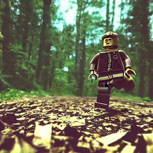 Image similar to “Lego figure caught running past a trail cam, midnight horror”