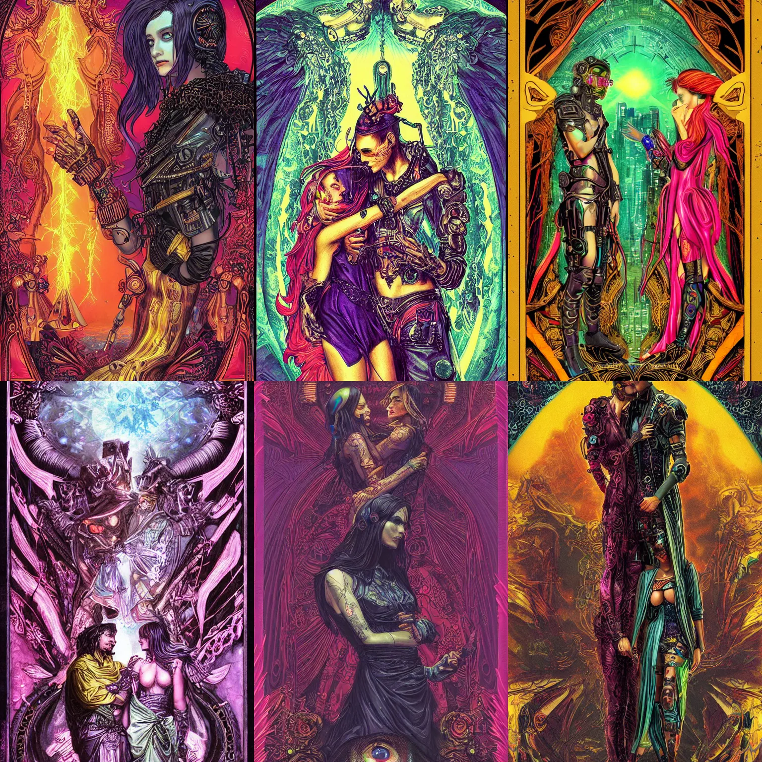 Prompt: Cyberpunk The Lovers tarot card, duality, 4k digital illustration by Lisa Frank and Gustave dore, Tarot Card, occult, iconography, intricate border designs, Artstation