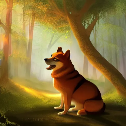 Image similar to anthropomorphic shiba inu mage travels through a forest, cinematic lighting, Fantasy Art