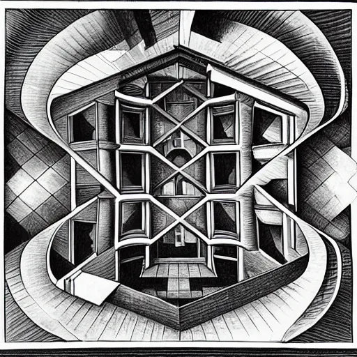 Image similar to a m. c. escher style drawing of the metaverse