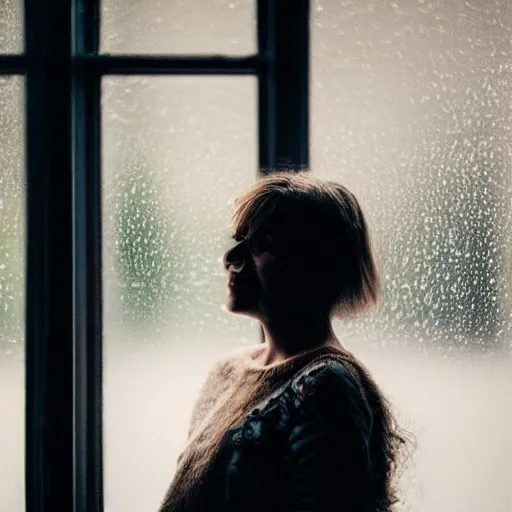 Image similar to a beautiful people photographed through a rainy window, bokeh, cinematic light,