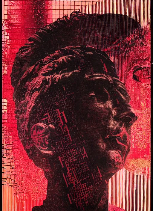 Image similar to design poster showing a statue of julius caesar, black background with very subtle red and purple design elements, powerful, nekro, laszlo moholy - nagy, graphic design, collage art, thin lines, dark, glitch art, neo vaporwave, gritty, layout frame, square, trending on artstation