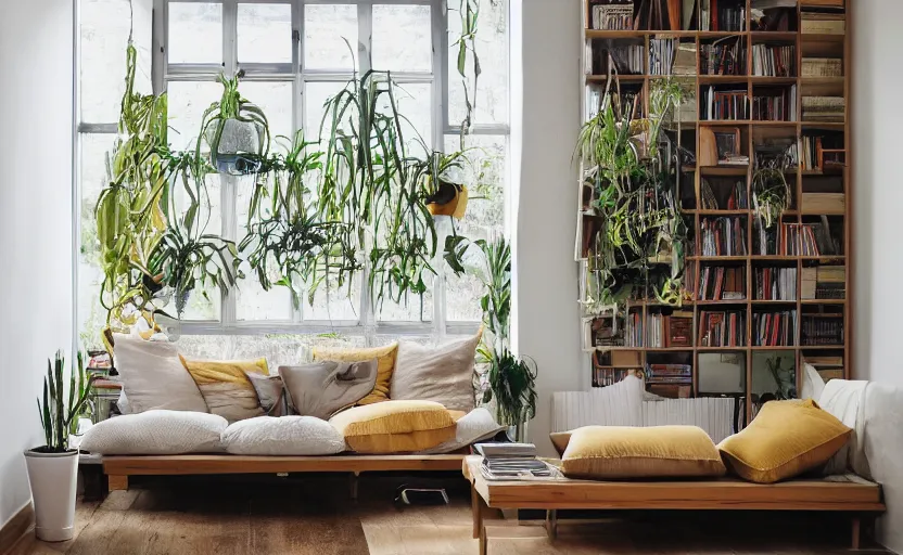 Image similar to interior desing magazine photo of a big window with a wooden frame to sit on, some sandy yellow pillows, there are some books on a small integrated shelf, hanging plants, great architecture, ambient light, 8k