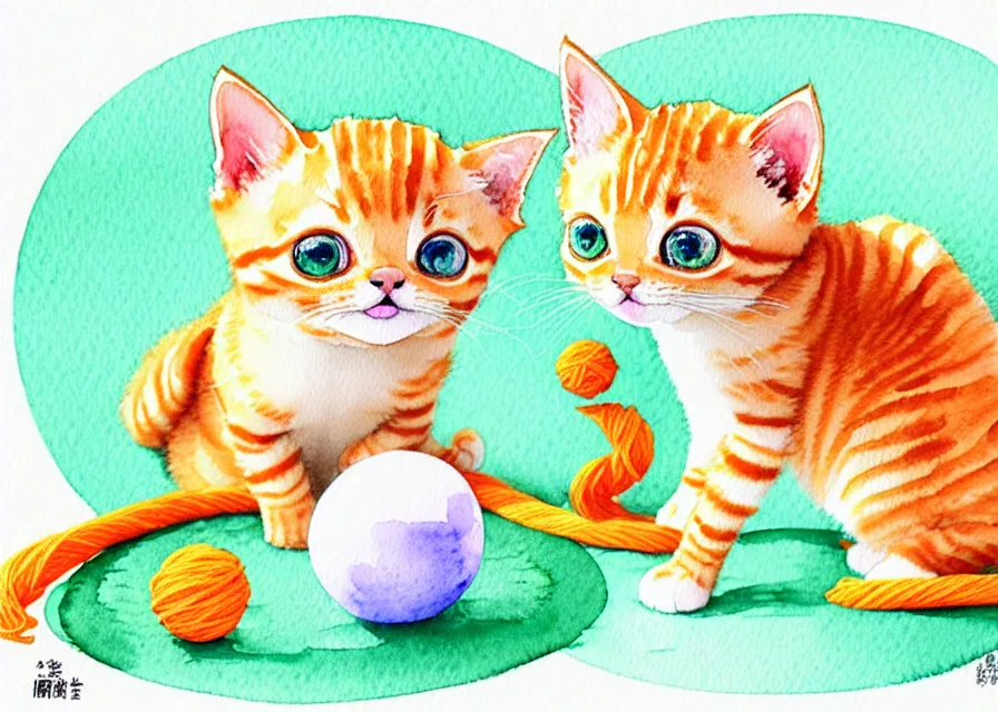 Image similar to cute and funny, orange tabby kitten playing with a ball of yarn, centered award winning watercolor pen illustration, isometric illustration by chihiro iwasaki, edited by range murata, tiny details by artgerm and watercolor girl, symmetrically isometrically centered