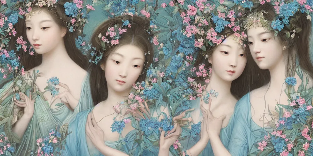 Image similar to breathtaking detailed concept art painting portrait of two goddess of light blue flowers by hsiao - ron cheng, carroty hair, orthodox saint, with anxious piercing eyes and amalgamation of leaves and flowers, vintage illustration pattern background with bizarre compositions and blend of flowers, fruits, birds by beto val and john james audubon, exquisite detail, extremely moody lighting, 8 k