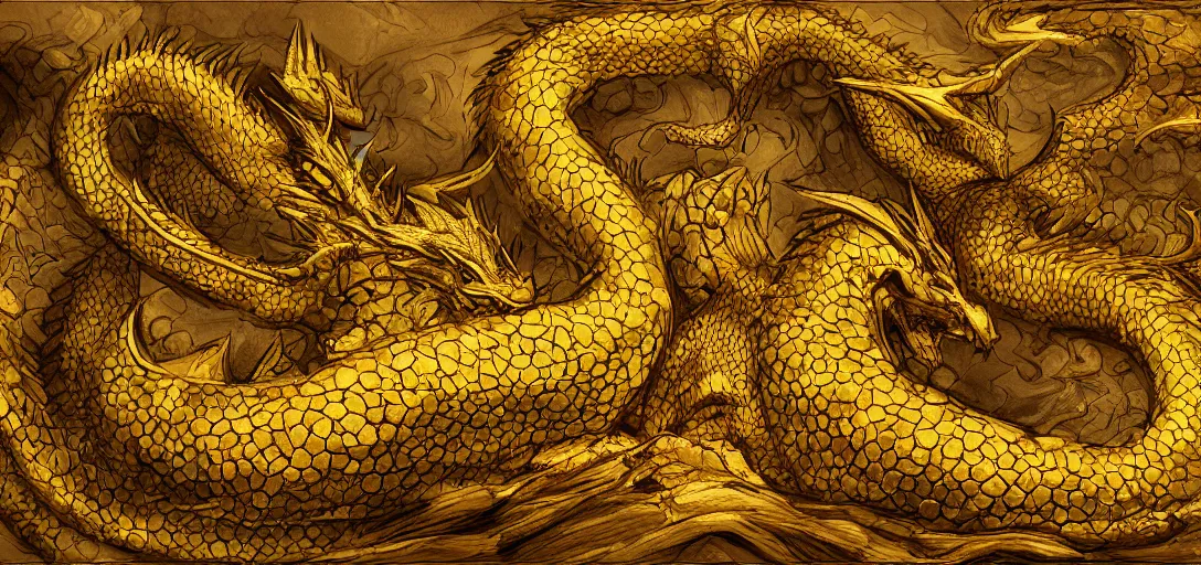 Prompt: Smaug the Dragon's horde of gold, digital painting