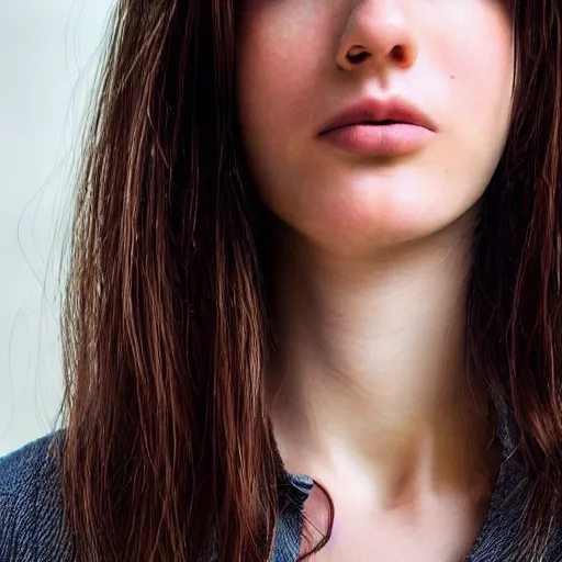 Prompt: “ attractive thin beautiful brown hair young caucasian woman close up wearing shirt, soft, cute, modern style, 1 5 0 mm f 2. 8, extreme close up face shot, hasselblad, art, brian ingram, steve mccurry, high quality, symmetry, clear skin, 4 k, dramatic lighting, award winning ”