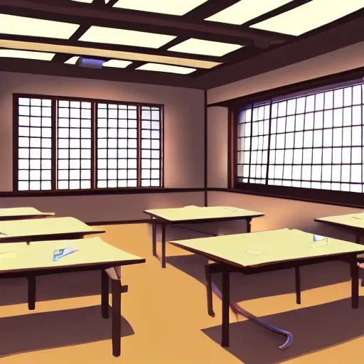 Prompt: a japanese high school classroom, artstation, deviantart, highly detailed, desks, whiteboard, kanji, picturesque, visual novel, calming, soothing, soft colours, therapeutic, warm, nostalgic