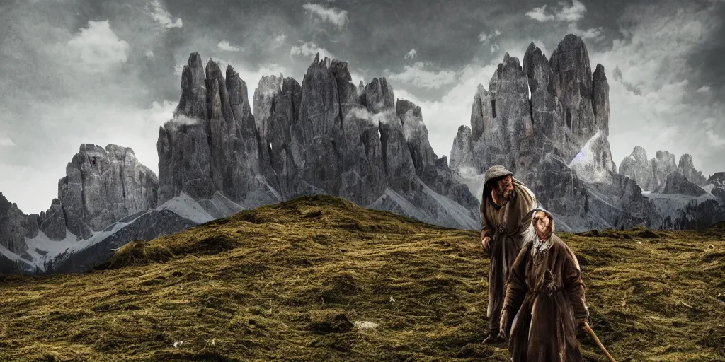 Image similar to alpine farmer transforming into a monster ,roots and hay coat, dolomites in background, dark, eerie, despair, portrait photography, artstation, highly detailed, sharp focus, by cronneberg