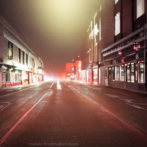 Image similar to A stunningly beautiful award-winning 8K high angle from 2nd floor cinematic movie photograph looking down diagonally across a spooky dark very foggy empty lightless main street intersection in an abandoned 1950s small town at night. perfect composition, moody low key. Color palette from Seven, greens yellows and reds. 2 point perspective. Octane render