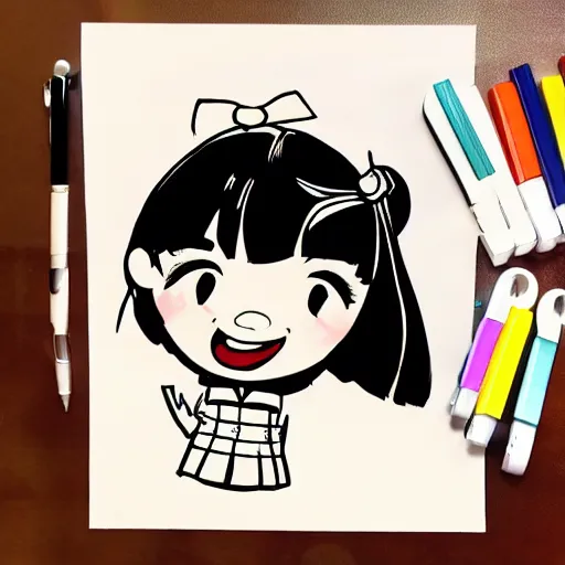 Image similar to a perfect professional sketch of a funny and cute Japanese schoolgirl, by ink pen with a few colored pens, in style of Disney Pixar, CalArts, on high quality paper