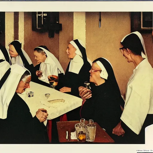 Image similar to a group of nuns enjoying themselves at a dive tavern, low light, Smokey haze above, whiskey bottles, by Norman Rockwell