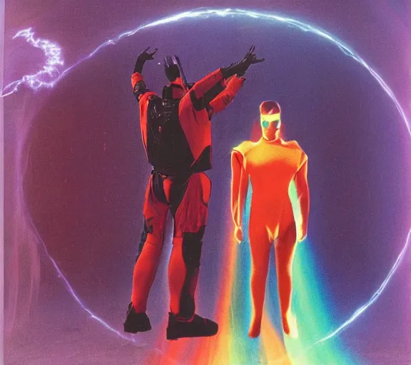 Prompt: two emperors of the time continuum wearing techno visors and red rick owens flight suits with their hands behind their backs inside the glowing geometric rainbow portal to the sixth dimension by frank frazetta h 5 7 6